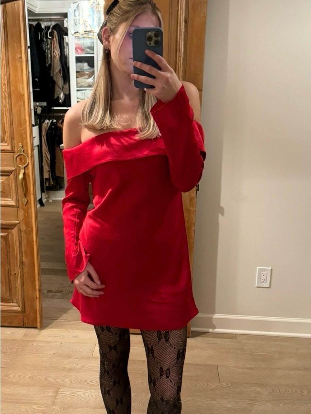 Reformation Off-Shoulder Red Velvet Mini Dress